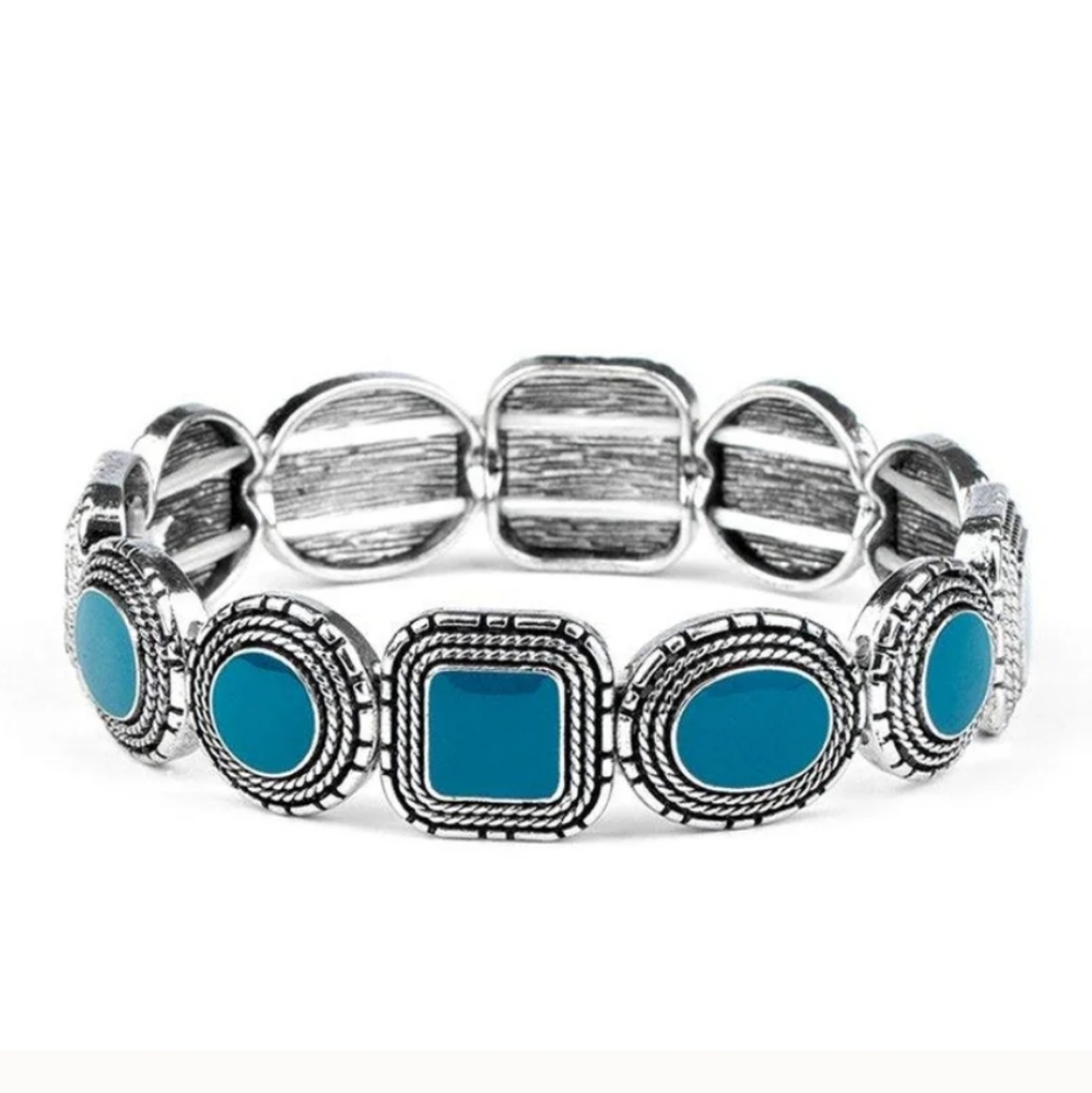 Paparazzi Silver and Blue Stretch Bracelet with Vintage-Inspired Design
